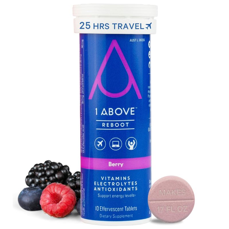 1Above Jet Lag Relief Tablets - Berry-Flavored Effervescent Multivitamin with Pycnogenol Travel Supplement for Hydration, Energy, Immune Support and Faster Recovery - Flight Essential, 10 Tablets
