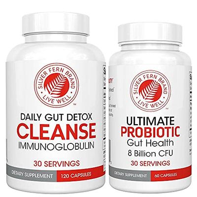 Silver Fern Gut Rehab Kit - 30 Day Supply - Cleanse Daily Detox (1 Bottle = 120 Capsules) &amp; Ultimate Probiotic (1 Bottle = 60 Capsules) - Immunoglobulins &amp; Spore Forming Probiotics