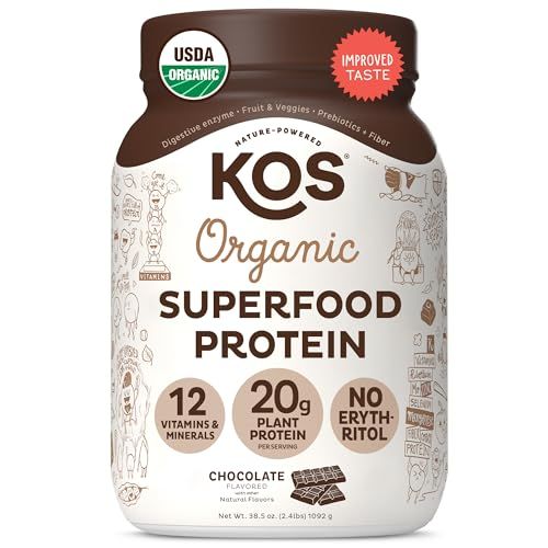 KOS Vegan Protein Powder Erythritol Free, Chocolate - Organic Pea Protein Blend, Plant Based Superfood Rich in Vitamins &amp; Minerals - Keto, Dairy Free - Meal Replacement for Women &amp; Men, 28 Servings