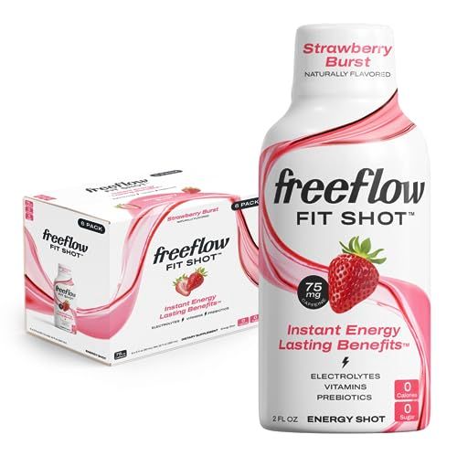 Freeflow Fit Energy Shots, Strawberry Burst, Natural Caffeine Boost with L-theanine, Ginseng, Vitamins, Prebiotics, Electrolytes (6 Count, 2oz Shots)