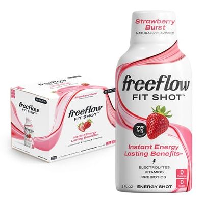 Freeflow Fit Energy Shots, Strawberry Burst, Natural Caffeine Boost with L-theanine, Ginseng, Vitamins, Prebiotics, Electrolytes (6 Count, 2oz Shots)