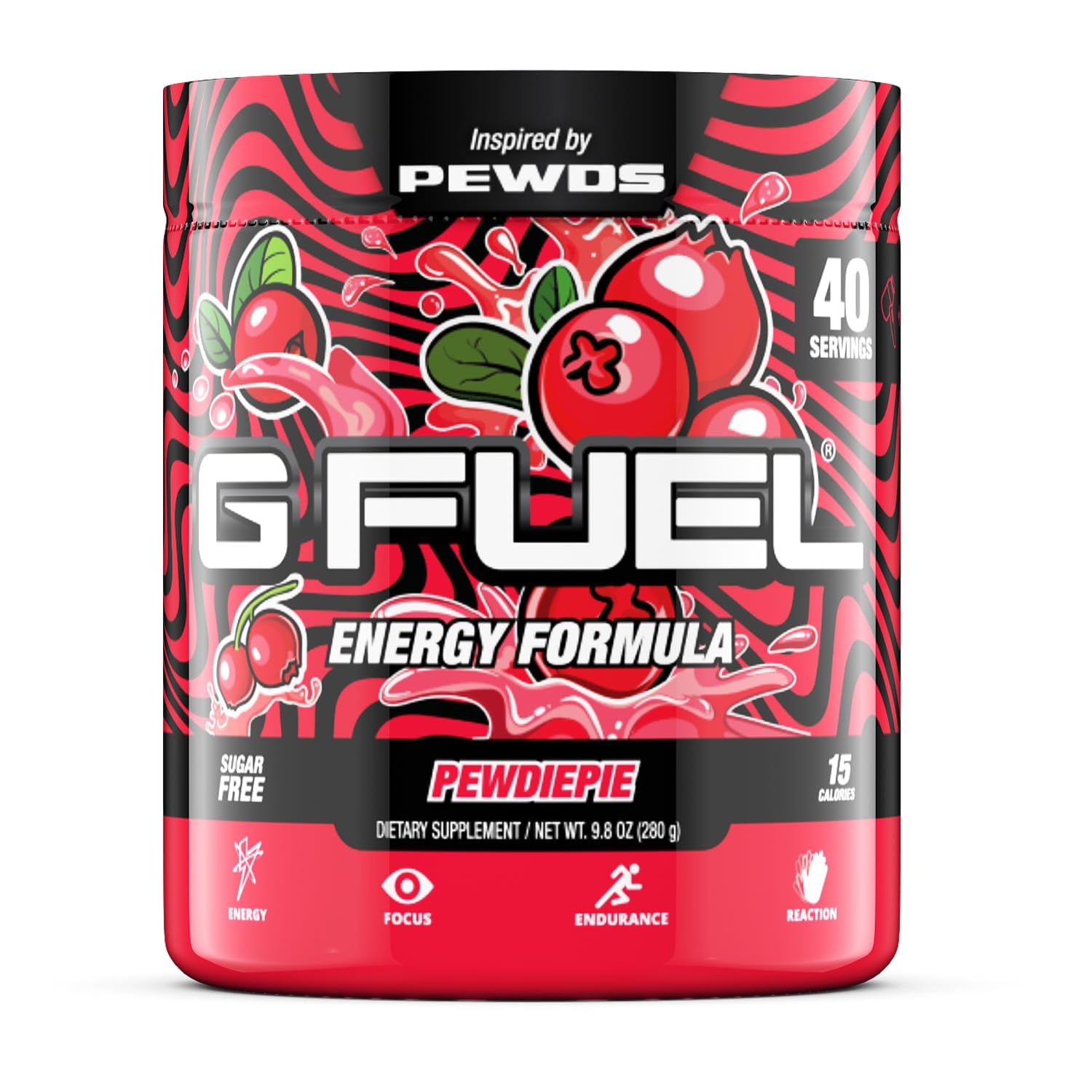 G Fuel PewDiePie Energy Powder, Sugar Free, Clean Caffeine Focus Supplement, Water Mix, Lingonberry Flavor, Focus Amino, Vitamin + Antioxidants Blend - 9.8 oz (40 Servings)