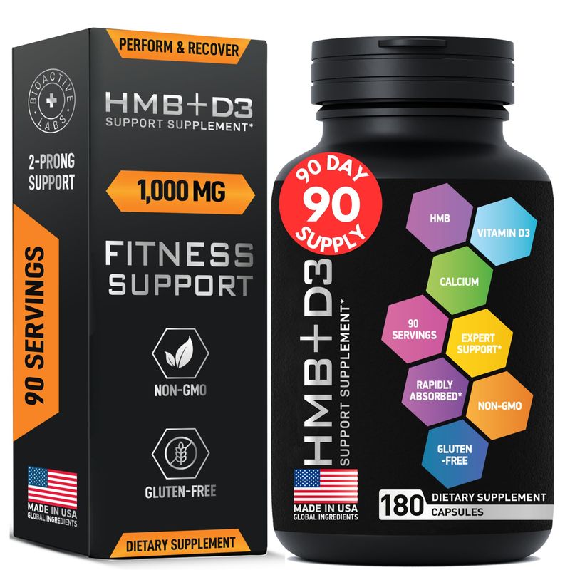 HMB Supplements with Vitamin D3 - 1,000mg Calcium Beta-Hydroxy Beta-Methylbutyrate per Serving for Muscle Growth, Strength &amp; Recovery - 180 Gluten-Free, Non-GMO HMB Capsules, 3-Month Supply
