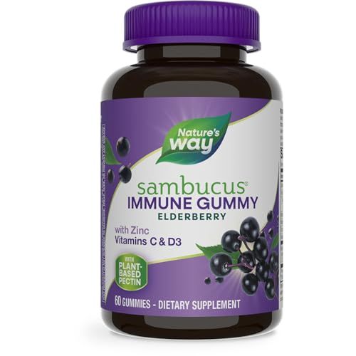 Natures Way Sambucus Elderberry Immune Gummies, Daily Immune Support for Kids and Adults*, with Vitamin C, Vitamin D3, Zinc, Gluten Free, Vegetarian, 60 Gummies (Packaging May Vary)