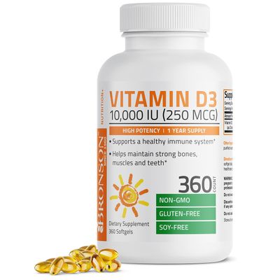Bronson Vitamin D3 10,000 IU (250 mcg) High Potency - Supports Healthy Immune System, Strong Bones, Muscles &amp; Teeth - Non GMO, 360 Softgels (1 Year Supply)