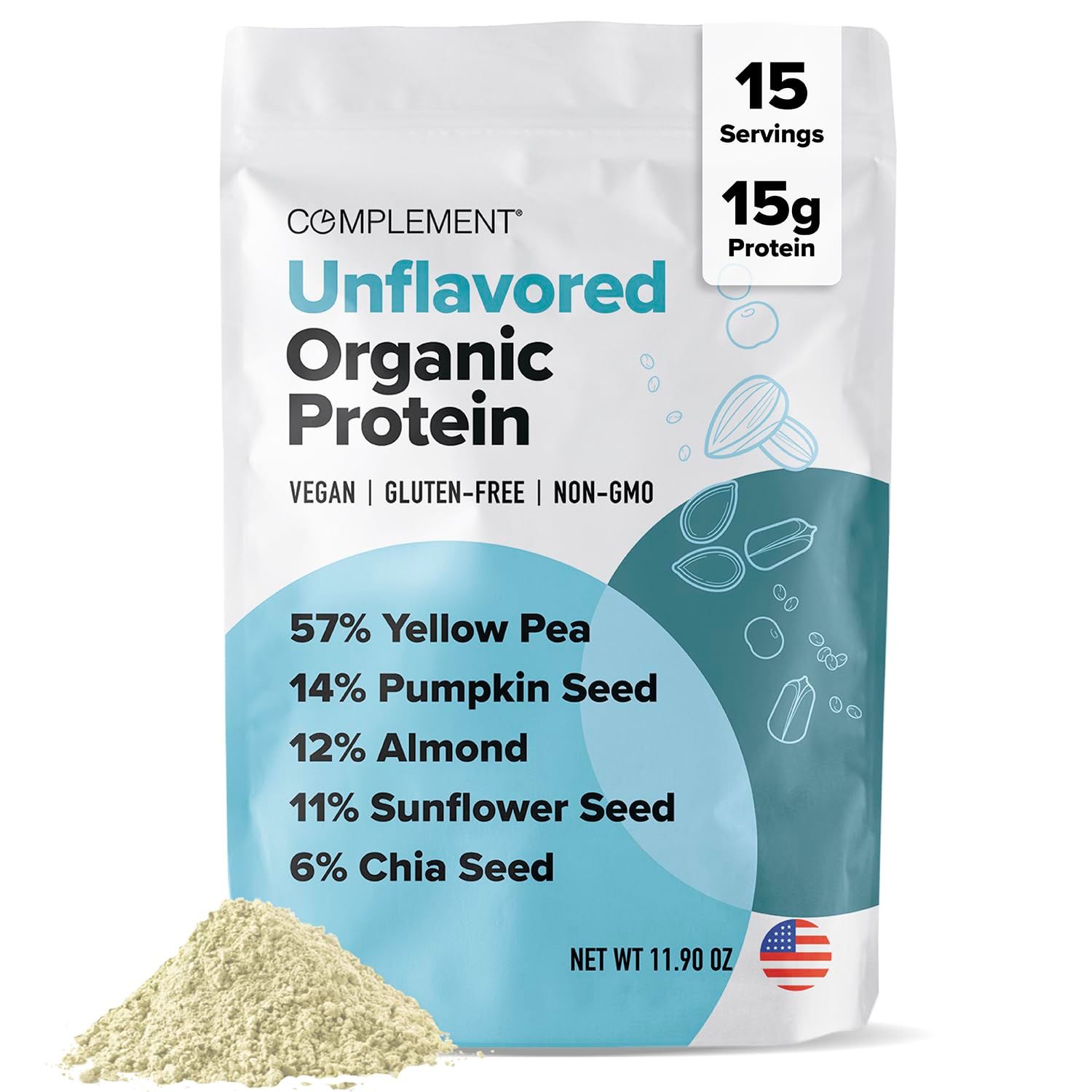 Complement Organic Unflavored Vegan Protein Powder (30 Servings) Low Carb, Low Calorie, Sugar Free, Soy Free, Non-GMO, Gluten Free, Non Dairy- Yellow Pea, Pumpkin Seed- 15g Plant Based Protein Powder