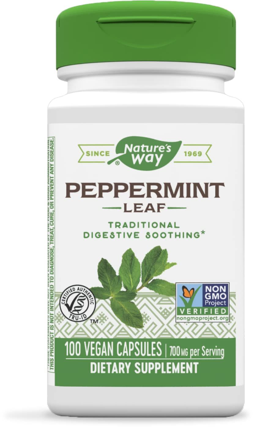 Nature&#39;s Way Premium Herbal Peppermint Leaf, Traditional Digestive Soothing and Discomfort Support*, 700mg per serving, 100 Capsules