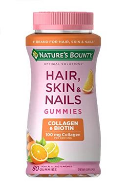 Nature&#39;s Bounty Optimal Solutions Hair, Skin &amp; Nails with Biotin and Collagen, Citrus-Flavored Gummies Vitamin Supplement, 2500 mcg, 80 Ct
