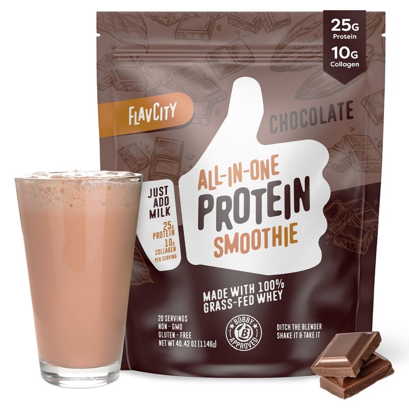 FlavCity Protein Powder Smoothie, Chocolate - 100% Grass-Fed Whey Protein Smoothie with Collagen (25g of Protein) - Gluten Free &amp; No Added Sugars (40.42 oz)