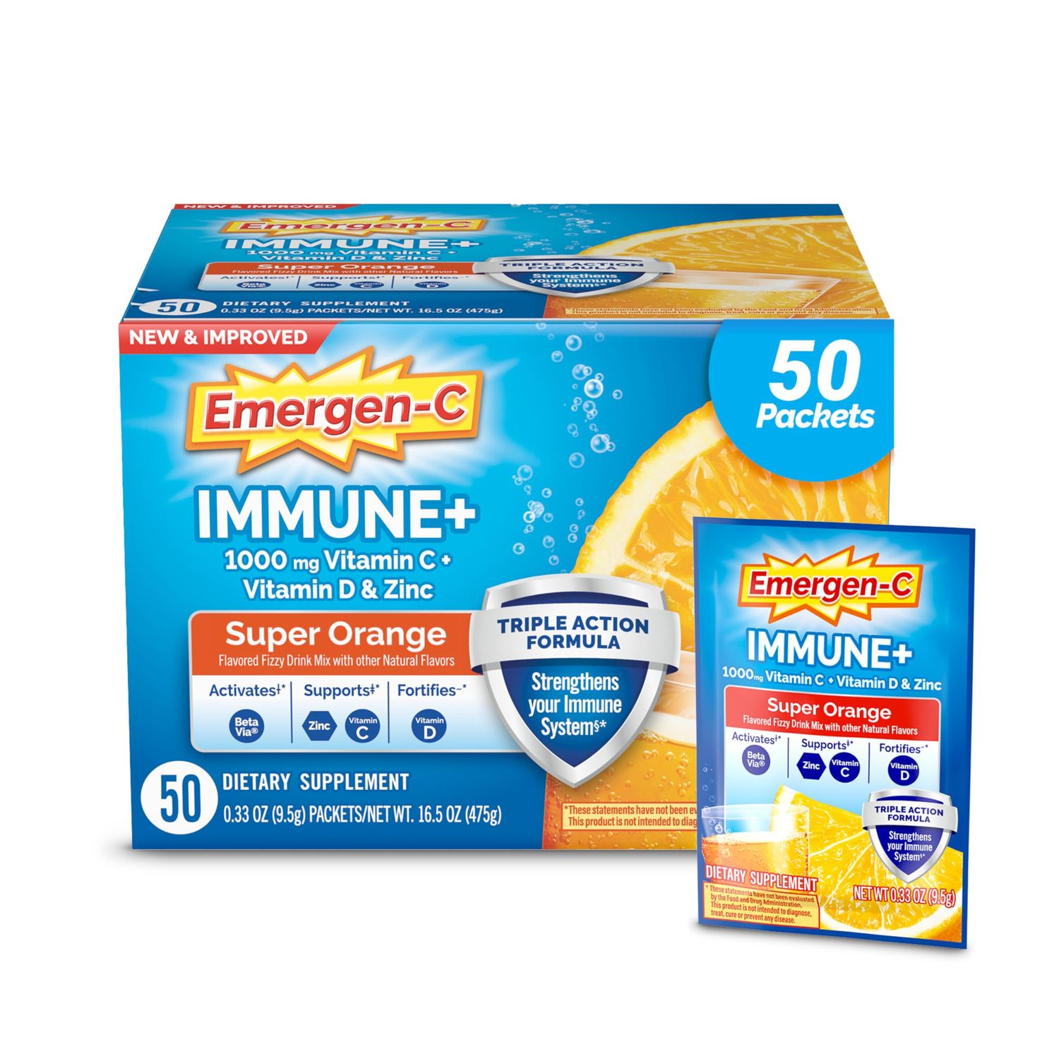Emergen-C Immune+ Triple Action Immune Support Powder, BetaVia (R), 1000mg Vitamin C, B Vitamins, Vitamin D and Antioxidants, Super Orange - 50 Count