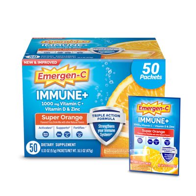 Emergen-C Immune+ Triple Action Immune Support Powder, BetaVia (R), 1000mg Vitamin C, B Vitamins, Vitamin D and Antioxidants, Super Orange - 50 Count