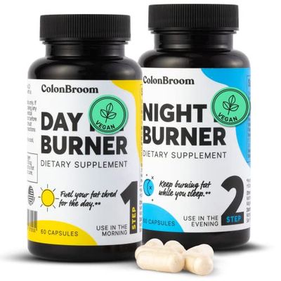 ColonBroom Day &amp; Night Burner Supplements, Pills for Women/Men with Inulin, L-carnitine, Coenzyme Q 10, Grain of Paradise and More, Colon Broom 60 Vegan Capsules Per Container