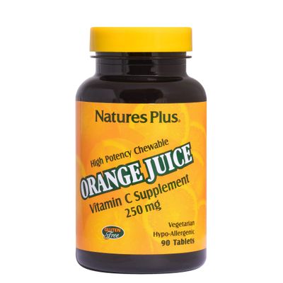 Natures Plus Orange Juice Chewable Vitamin C - 250 mg, 90 Vegetarian Tablets - High Potency Immune Support Supplement, Antioxidant - Gentle On Stomach - Gluten-Free - 90 Servings