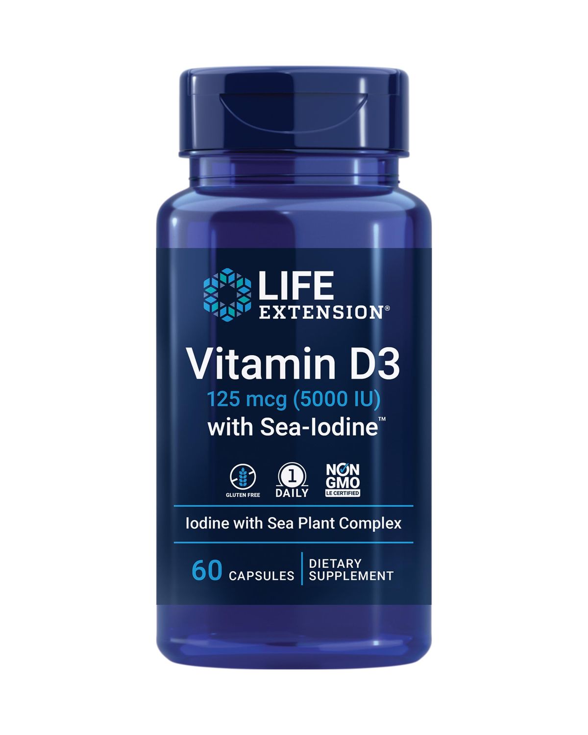 Life Extension Vitamin D3 125 mcg (5000 IU) with Sea-Iodine For Bone, Brain &amp; Thyroid Support - Gluten-Free, Once Daily, Non-GMO - 60 Capsules