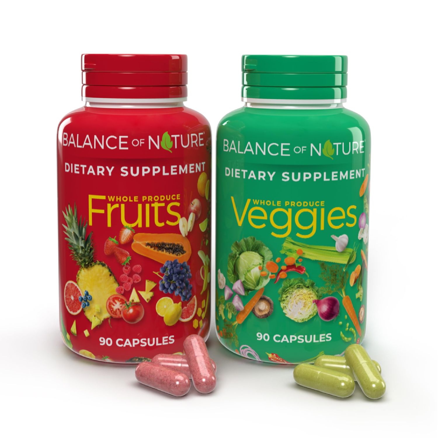 Balance of Nature Fruits &amp; Veggies - Whole Food Supplement with Superfood Fruits and Vegetables for Women, Men, and Kids - 90 Fruit Capsules, 90 Veggie Capsules - 1 Set