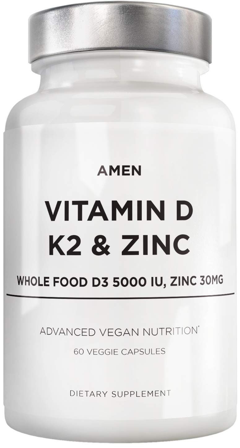 Amen Vitamin D, K2 &amp; Zinc, Cholecalciferol D3 5000 IU, Organic Whole Food Blend with Apple, Blueberry, Cranberry, Elderberry Powder Fruits, Vegan Supplement, D3 K2 Vitamins, Non-GMO - 60 Capsules
