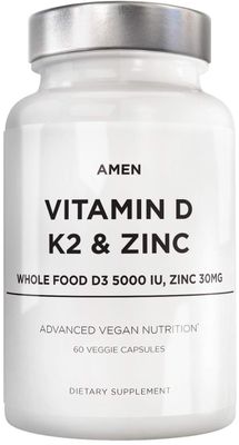 Amen Vitamin D, K2 &amp; Zinc, Cholecalciferol D3 5000 IU, Organic Whole Food Blend with Apple, Blueberry, Cranberry, Elderberry Powder Fruits, Vegan Supplement, D3 K2 Vitamins, Non-GMO - 60 Capsules