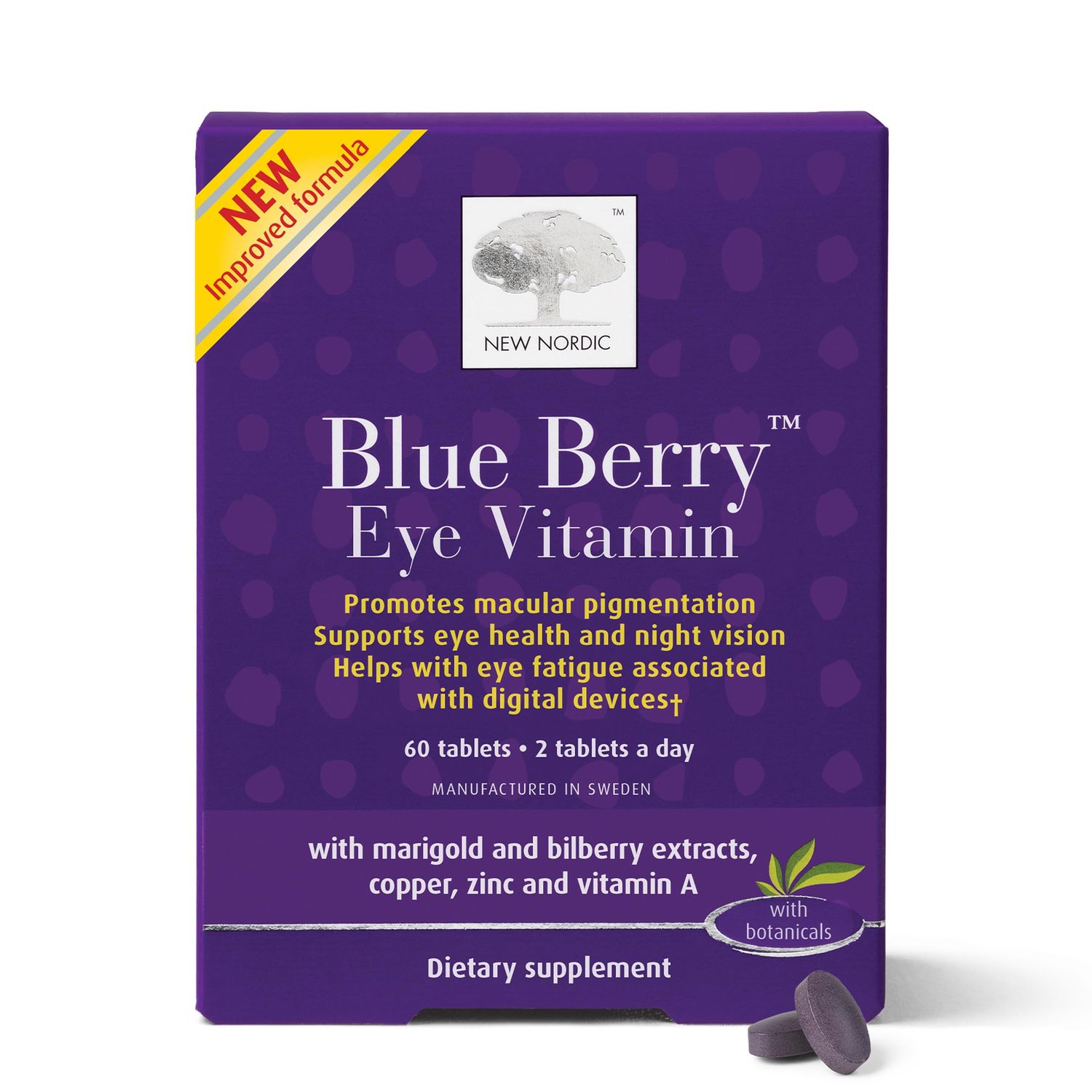 NEW NORDIC Blue Berry Eye Vitamin Lutein Supplement with Zinc, Supports Macular Pigmentation, Eye and Vision Function, Wild Bilberry with Marigold, 60 Tablets (Pack of 1)