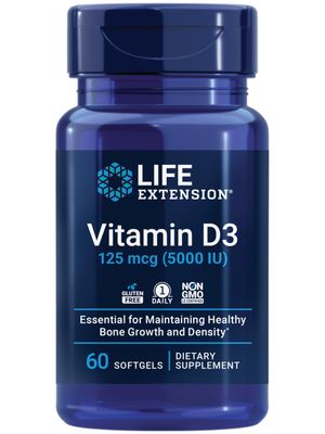 Life Extension Vitamin D3 125 mcg (5000 IU), Bone Health, Brain Performance, Immune System Support, Gluten-free, Non-GMO, Once Daily, Two-month Supply, 60 Softgels