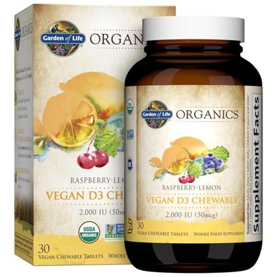 Garden of Life Organics Vegan Vitamin D3 Chewable - Raspberry Lemon, 2,000 IU (50mcg) Whole Food Vitamin D3 from Lichen Plus Food &amp; Mushroom Blend, Gluten Free, 30 Chewable Tablets