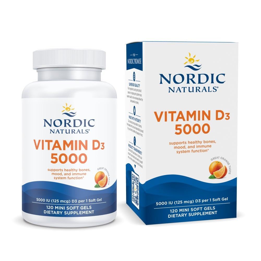 Nordic Naturals Vitamin D3 5000, Orange - 120 Mini Soft Gels - 5000 IU Vitamin D3 - Supports Healthy Bones, Mood &amp; Immune System Function - Non-GMO - 120 Servings