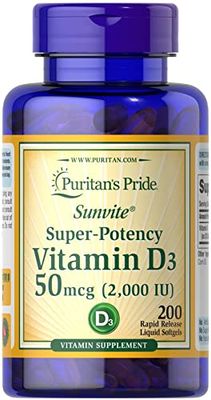 Puritan&#39;s Pride Vitamin D3 50mcg (2,000 IU) Bolsters Immune Health for Support of Immune Health and Healthy Bones and Teeth 200 Softgels