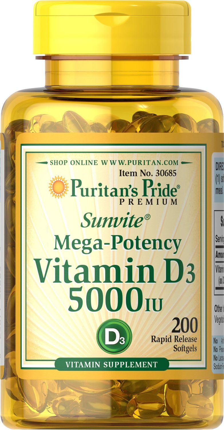 Puritan&#39;s Pride Vitamin D3 5,000 IU Bolsters Immunity for Immune System Support and Healthy Bones and Teeth Softgels, Packaging May Vary, Unflavored, 200 Count