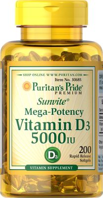 Puritan&#39;s Pride Vitamin D3 5,000 IU Bolsters Immunity for Immune System Support and Healthy Bones and Teeth Softgels, Packaging May Vary, Unflavored, 200 Count