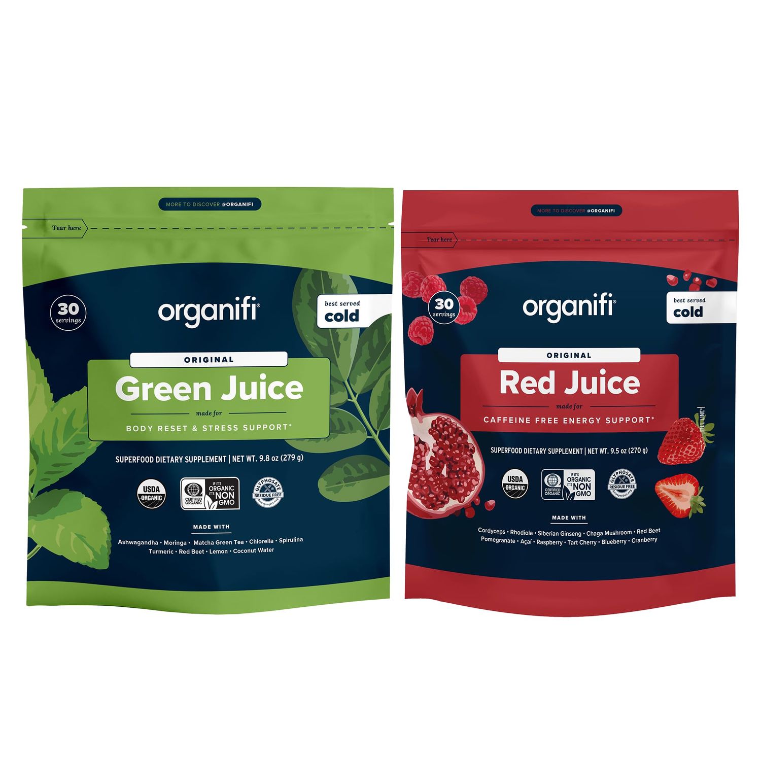 Organifi Green Juice and Red Juice Bundle - 30 Day Supply - Delicious, Refreshing Organic Superfood Supplement Powder With Antioxidants for Energy and Stress Relief Support - No GMO, Gluten, or Soy