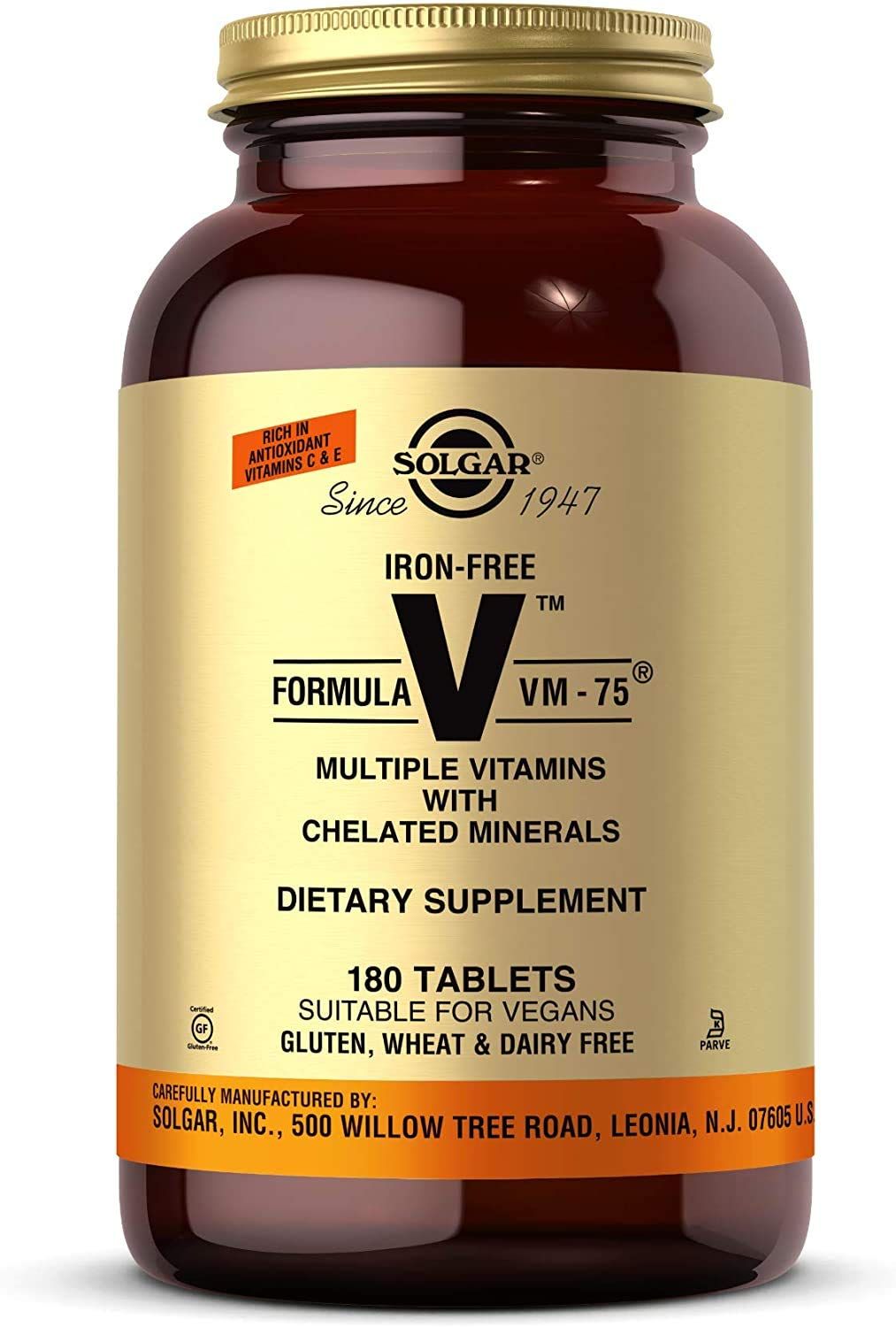 Solgar Iron-Free Formula VM-75, 180 Tablets - Multivitamin with Chelated Minerals - Vitamin A, B6, B12, C, D, E - Biotin, Magnesium, Calcium, Zinc - Vegan, Gluten &amp; Dairy Free, Kosher - 180 Servings