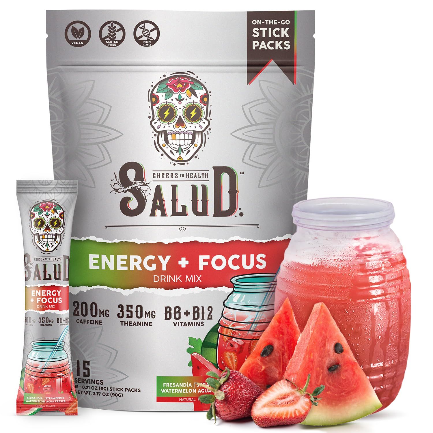 Salud 2-in-1 Energy and Focus Drink Powder, Strawberry Watermelon - 15 Servings, Organic Caffeine, B6 + B12, Theanine, Clean Energy Agua Fresca Mix, Non-GMO, Gluten Free, Vegan, Low Calorie