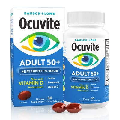 Ocuvite Eye Vitamin &amp; Mineral Supplement, Contains Zinc, Vitamins C, E, Omega 3, Lutein, &amp; Zeaxanthin, Bausch &amp; Lomb Ocuvite Adult 50+ Eye Vitamin &amp; Mineral Softgels, 50 Count (Packaging May Vary)
