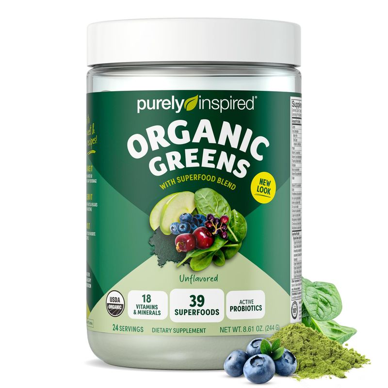 Purely Inspired Organic Green Powder Smoothie Mix, Unflavored (24 Servings) - Probiotics for Digestive Health with Spirulina &amp; Chlorella for Gut Health - Vegan &amp; Gluten-Free