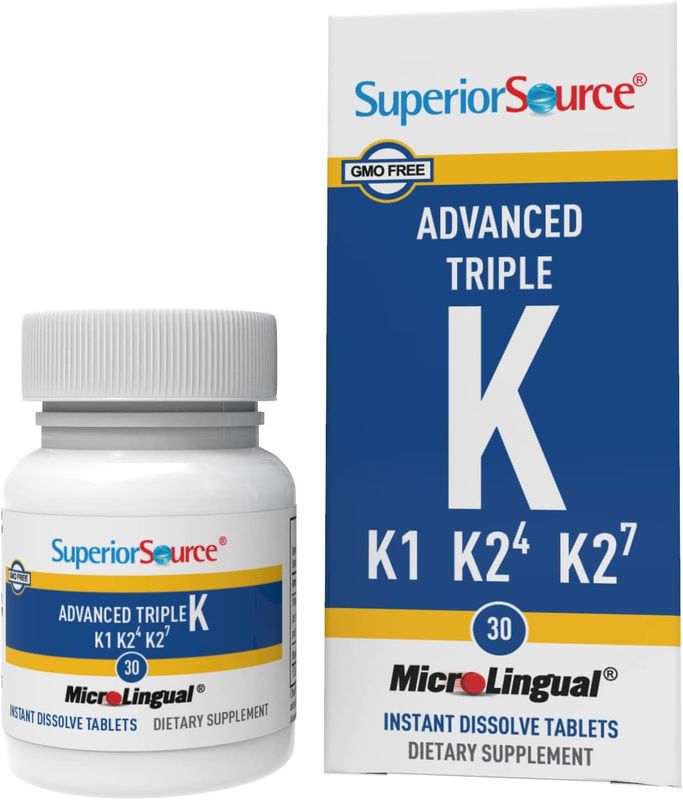 Superior Source Triple K, 3-in-1 Formula, MK-4 500 mcg, MK-7 50 mcg, K1 500 mcg, Quick Dissolve MicroLignual Tablets, 30 Count, Healthy Bones and Arteries, Immune &amp; Cardiovascular Support, Non-GMO
