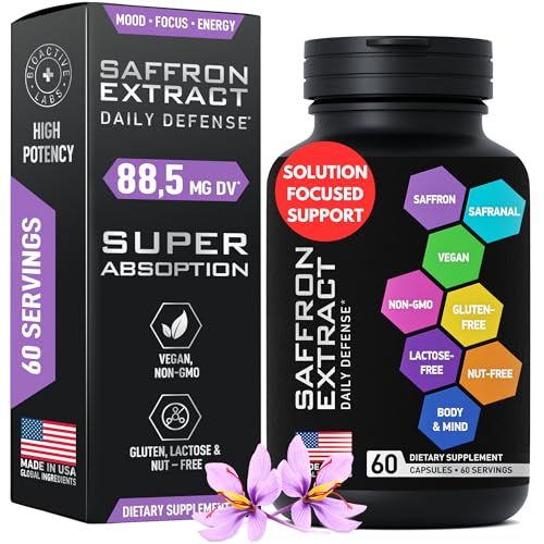 Optimized Saffron Supplements - 88.5mg Pure Saffron Extract for Mood Support, Focus, Energy - Happy Saffron Plus Crocin, Crocetin, Kaempferol - Gluten-Free, Non-GMO - 1-a-Day 60 Vegan Saffron Capsules
