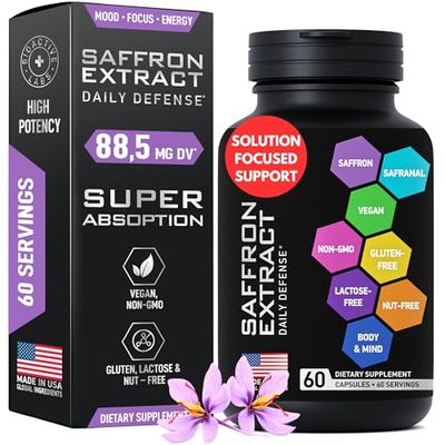 Optimized Saffron Supplements - 88.5mg Pure Saffron Extract for Mood Support, Focus, Energy - Happy Saffron Plus Crocin, Crocetin, Kaempferol - Gluten-Free, Non-GMO - 1-a-Day 60 Vegan Saffron Capsules
