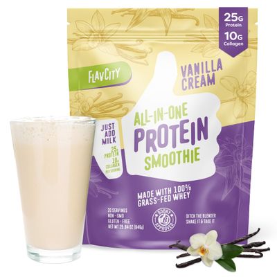 FlavCity Protein Powder Smoothie, Vanilla - 100% Grass-Fed Whey Protein Smoothie with Collagen (25g of Protein) - Gluten Free &amp; No Added Sugars (29.84 oz)