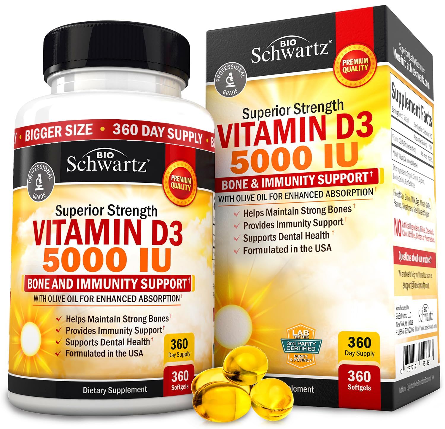 Vitamin D3 5000 IU (125 mcg) Natural Immune Support Supplement, Bone Strength, Healthy Muscle Function, with Olive Oil for Highest Absorption, Gluten Free &amp; Non-GMO, 1 Year Supply, 360 Softgels