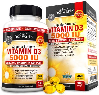 Vitamin D3 5000 IU (125 mcg) Natural Immune Support Supplement, Bone Strength, Healthy Muscle Function, with Olive Oil for Highest Absorption, Gluten Free &amp; Non-GMO, 1 Year Supply, 360 Softgels