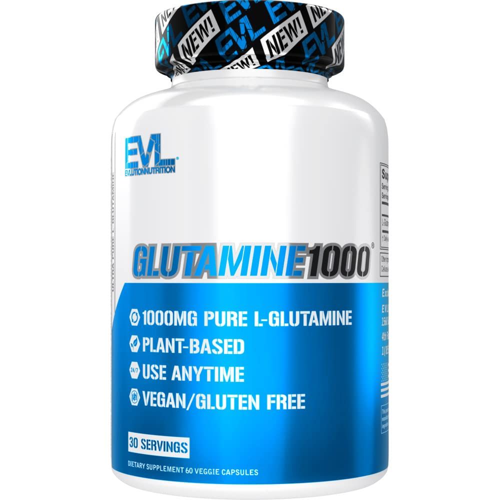 Evlution Nutrition L-Glutamine 1000, 1g Pure L Glutamine Per Serving, Post Workout, Nitrogen Transporter, Immune Support, Vegan, Gluten-Free, Veggie Capsules (30 Servings)