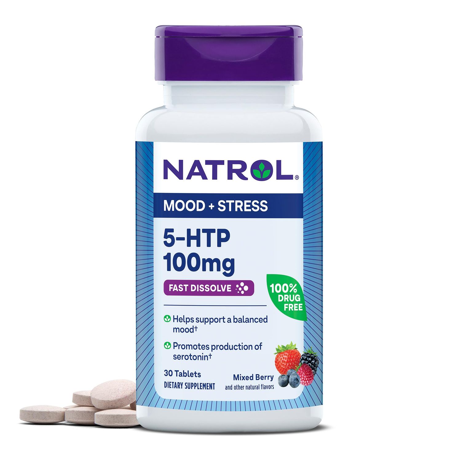 Natrol 5-HTP 100mg, Drug-Free Dietary Supplement Helps Support Balanced Mood, 30 Mixed Berry-Flavored Fast Dissolve Tablets, 15-30 Day Supply