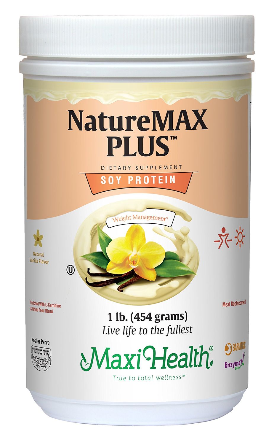 Maxi-Health NatureMAX PlusTM Energy Support Meal Replacement Drink Soy Protein Powder - Sugar Free Diet Supplement - 1 Lb - Natural Vanilla Flavor - Kosher Vitamin
