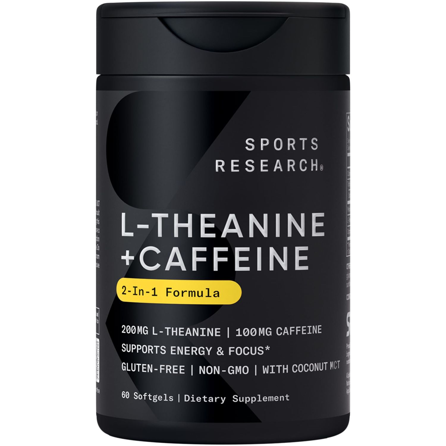 Sports Research L-Theanine Supplement with Caffeine &amp; Coconut MCT Oil - Focused Energy, Alertness &amp; Relaxation Without Drowsiness - 200mg L Theanine, 100mg Organic Caffeine - 60 Liquid Softgels