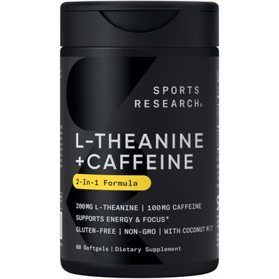 Sports Research L-Theanine Supplement with Caffeine &amp; Coconut MCT Oil - Focused Energy, Alertness &amp; Relaxation Without Drowsiness - 200mg L Theanine, 100mg Organic Caffeine - 60 Liquid Softgels