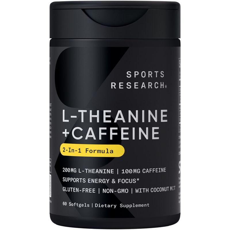 Sports Research L-Theanine Supplement with Caffeine &amp; Coconut MCT Oil - Focused Energy, Alertness &amp; Relaxation Without Drowsiness - 200mg L Theanine, 100mg Organic Caffeine - 60 Liquid Softgels