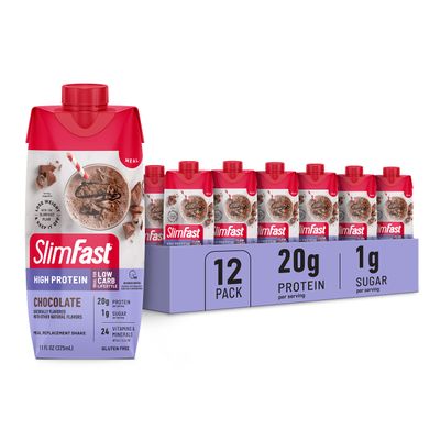 SlimFast Protein Shake, Chocolate- 20g Protein, Meal Replacement Shake Ready to Drink, High Protein with Low Carb and Low Sugar, 24 Vitamins and Minerals, 12 Count (Pack of 1) (Packaging May Vary)