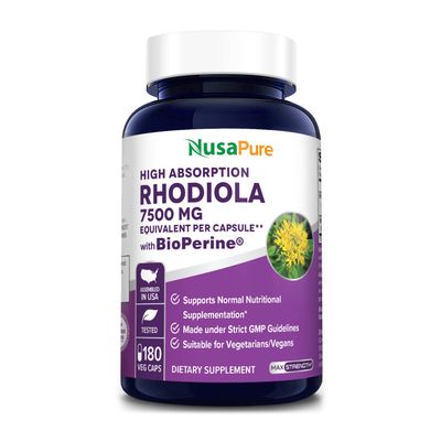 NusaPure Rhodiola Rosea 7,500mg 180 Veggie Capsules (Non-GMO, Extract 30:1, Vegan &amp; Gluten-Free) Bioperine