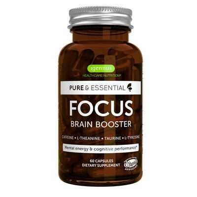 Focus - Methylated Nootropic with 200mg Natural Caffeine, Active B Vitamins, L-Theanine, Taurine, L-Tyrosine, Clean Energy, Brain Booster &amp; Cognitive Performance, Non Jittery, 60 Capsules, by Igennus
