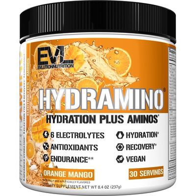Evlution Nutrition HYDRAMINO Complete Hydration Multiplier, All 6 Electrolytes, Vitamin C &amp; B, Fluid Boosting Aminos, Coconut Water, Endurance, Recovery, Antioxidants, 30 Serve, Orange Mango