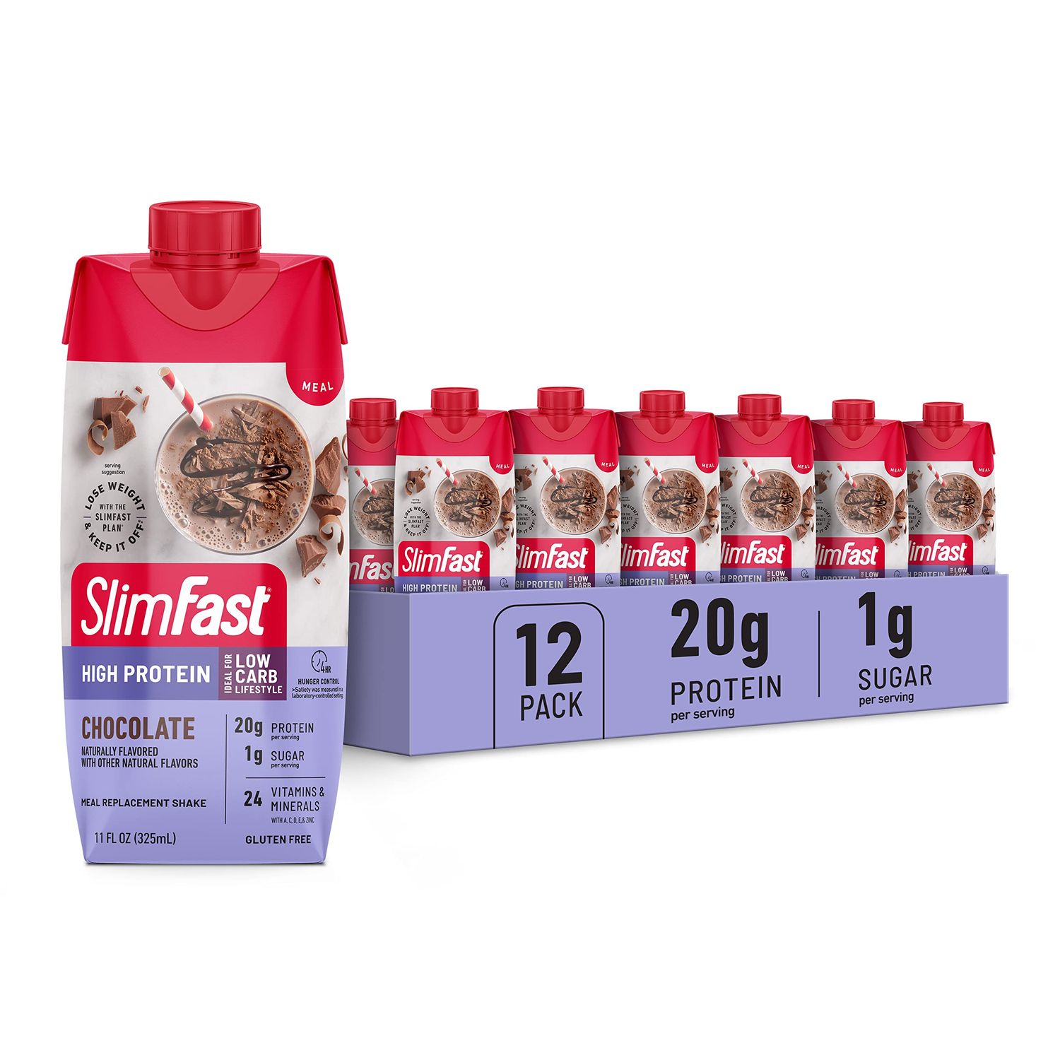 SlimFast Protein Shake, Chocolate- 20g Protein, Meal Replacement Shake Ready to Drink, High Protein with Low Carb and Low Sugar, 24 Vitamins and Minerals, 12 Count (Pack of 1) (Packaging May Vary)